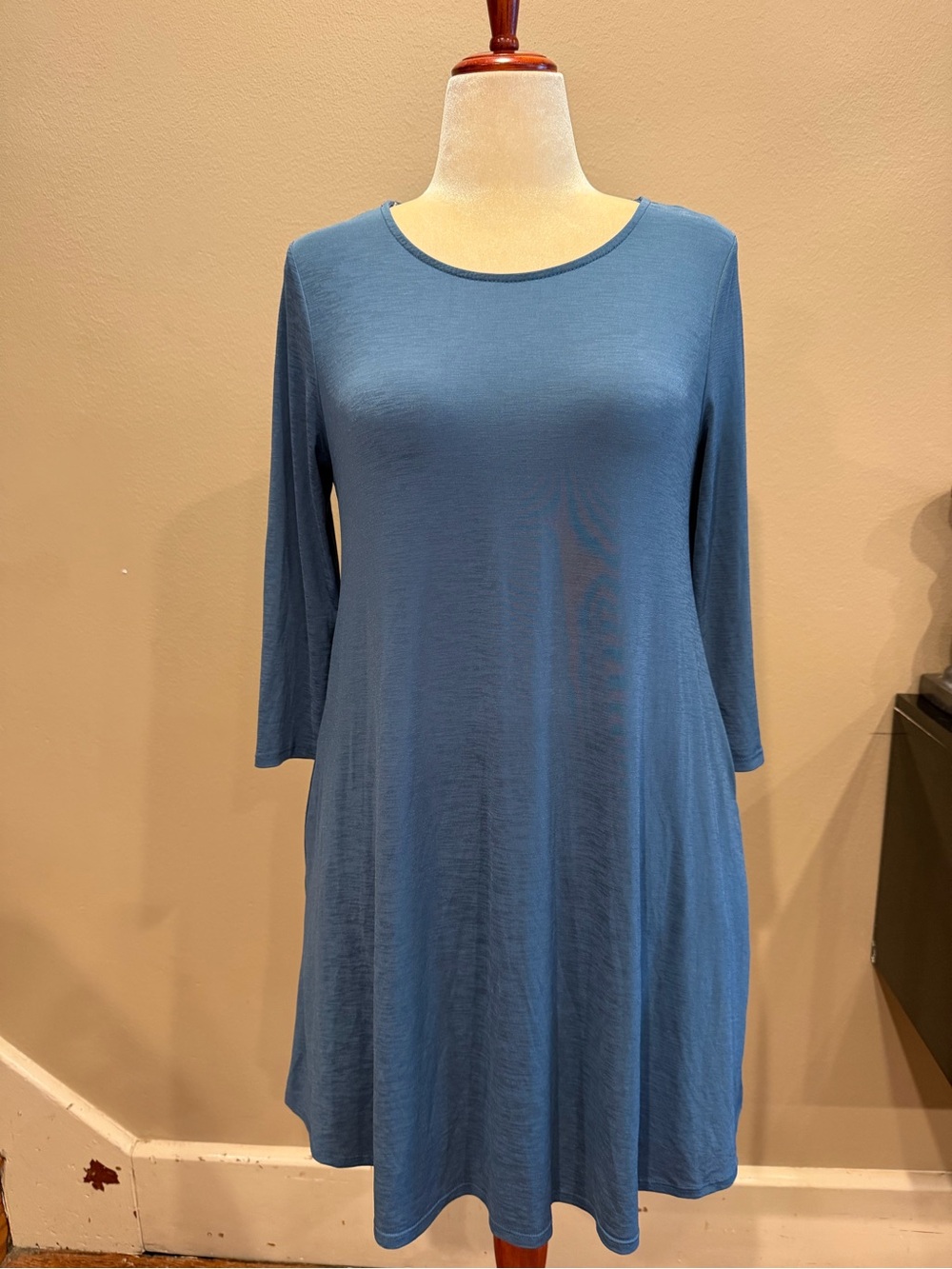 Honeyme Antique Blue Boho Casual Swing Dress 3/4 Sleeve with Pockets Size Medium